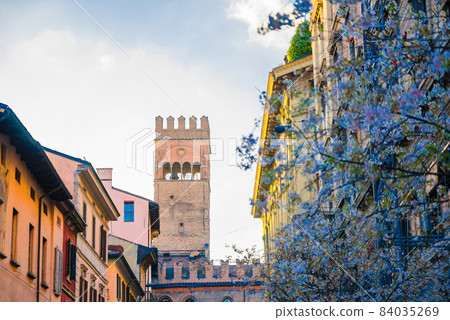 Top of tower of Palazzo Re Enzo palace building and blossom lilac among buildings 84035269