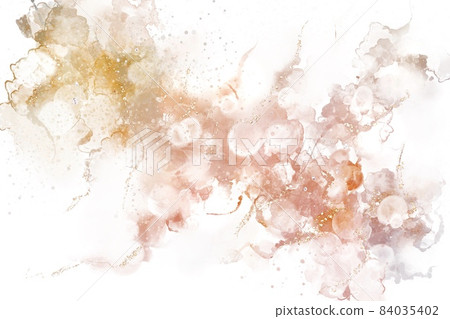 Alcohol ink art abstract background) Soap bubbles and orange gradient gold glitter on a white background 84035402