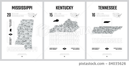 Highly detailed vector silhouettes of US state maps, Division United States into counties, political and geographic subdivisions of a states, East South Central - Mississippi, Kentucky, Tennessee - 84035626