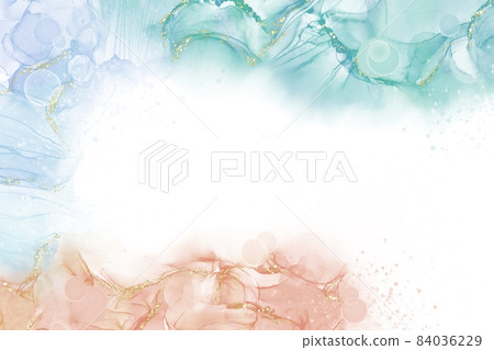 Fantastic abstract background of alcohol ink art) Bright frame of green, light blue and orange White background Golden glitter 84036229