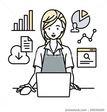 A female cafe clerk sitting at a desk, opening a PC, researching, analyzing data and compiling a report A female cafe clerk sitting at a desk, opening a PC, researching, analyzing data and compiling a report 84036884