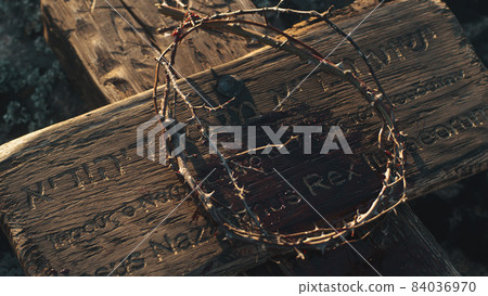 Crown of thorns and cross with signboard 84036970