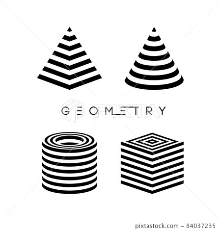 Optical illusion vector pyramid. Cylinder stripes background. Cube Logo optical abstract black and white lines design. Circle geometric round shape. Cone vector symbol op stripe modern 3d geometry. 84037235