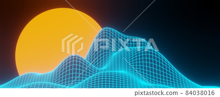 3d render of futuristic retro landscape neon light on darkness background. Abstract Laser cyber lines show at night. Ultraviolet spectrum beam scene for mock up and web banner. 3d render of futuristic retro landscape neon light on darkness background. Abstract Laser cyber lines show at night. Ultraviolet spectrum beam scene for mock up and web banner. 84038016