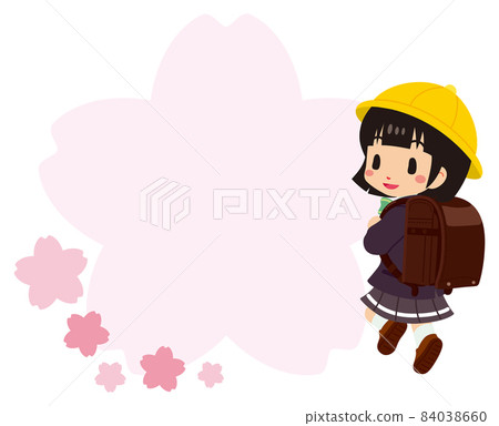A cute first grade girl wearing a yellow hat and a cherry blossom frame 84038660
