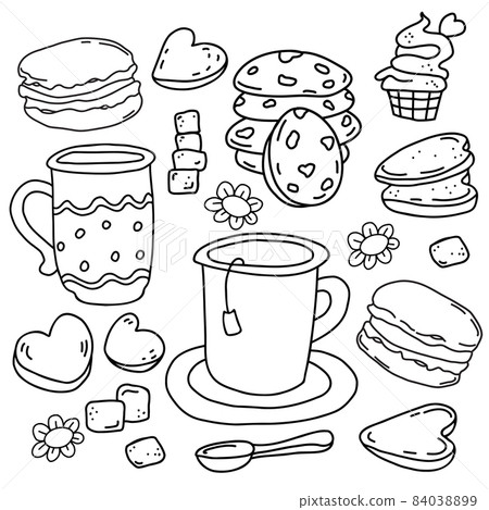 Set of desserts in style of handmade linear doodles. cup of tea, Macaroon cookies, almond and shortbread biscuits, muffin and refined sugar. Vector illustration. isolated outline drawing. 84038899