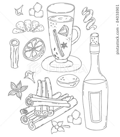 Set Christmas mulled wine. Vector illustration, in linear hand-drawn style. Glass and bottle of wine , orange slice, spices, cinnamon stick, cardamom, cloves and lemon zest. Isolated outline drawing. 84038901