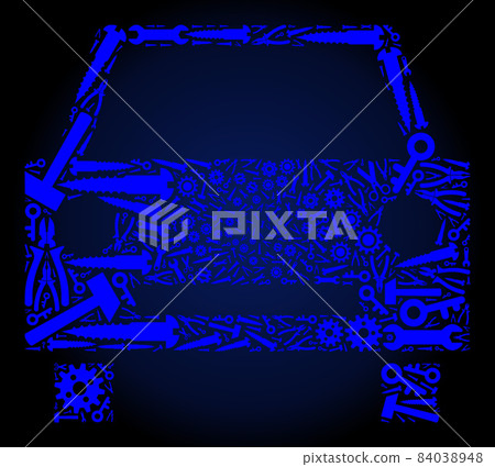 Collage Car of Industrial Tools in Blue Colors Collage Car of Industrial Tools in Blue Colors 84038948