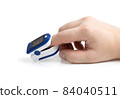 Pulse oximeter on white background.Medical diagnostic device for non-invasive measurement of capillary blood oxygen saturation level. Medical device on the finger. 84040511