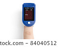 Pulse oximeter on white background.Medical diagnostic device for non-invasive measurement of capillary blood oxygen saturation level. Medical device on the finger. 84040512