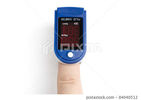Pulse oximeter on white background.Medical diagnostic device for non-invasive measurement of capillary blood oxygen saturation level. Medical device on the finger. 84040512