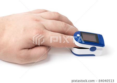 Pulse oximeter on white background.Medical diagnostic device for non-invasive measurement of capillary blood oxygen saturation level. Medical device on the finger. 84040513