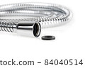 Shower hose on a white background. Silver shower hose close-up. 84040514