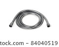 Shower hose on a white background. Silver shower hose close-up. 84040519