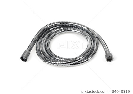 Shower hose on a white background. Silver shower hose close-up. 84040519