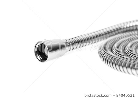 Shower hose on a white background. Silver shower hose close-up. 84040521