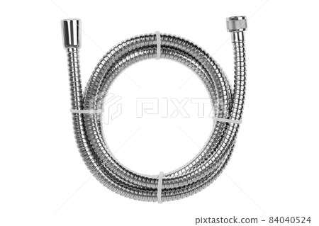 Shower hose on a white background. Silver shower hose close-up. 84040524