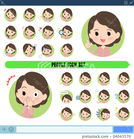 A set of middle-aged women in a pink jersey that expresses various emotions in icon format A set of middle-aged women in a pink jersey that expresses various emotions in icon format 84043570
