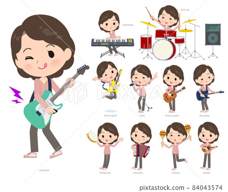 Pink jersey middle-aged female set playing rock and roll and pop music 84043574