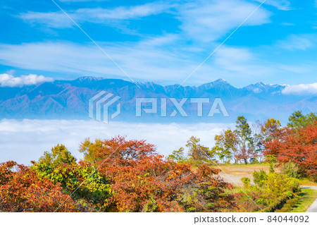 從秋季阿爾卑斯公園看到的松本平的雲海和北阿爾卑斯[長野縣] 84044092