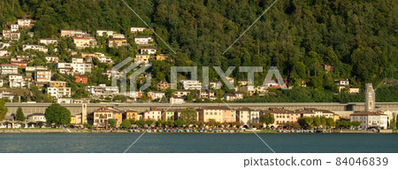 Bissone, Switzerland - October 6th 2021: The village centre divided by the autoroute Bissone, Switzerland - October 6th 2021: The village centre divided by the autoroute 84046839