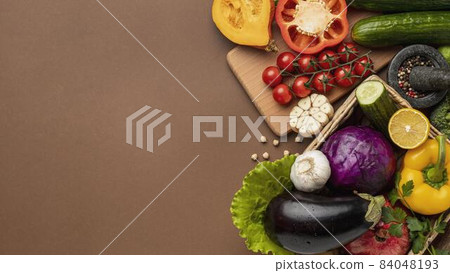 flat lay basket organic vegetables with copy space. High quality beautiful photo concept 84048193
