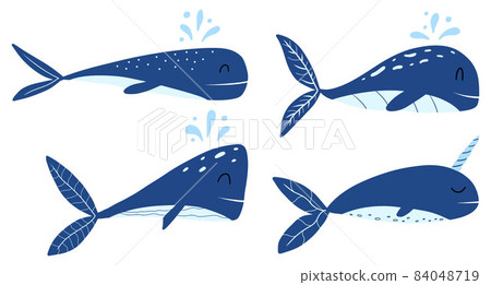 Vector set of childish whales. Childrens hand-drawn set of blue whales. 84048719