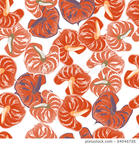 Bright anthurium flowers seamless pattern isolated on white background. Tropical botanical wallpaper. 84048788