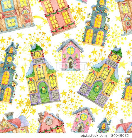 Seamless patterns with beautiful vintage Christmas houses and fireworks on white background. Watercolor illustrations. Winter Christmas and New Year holiday concept Seamless patterns with beautiful vintage Christmas houses and fireworks on white background. Watercolor illustrations. Winter Christmas and New Year holiday concept 84049085