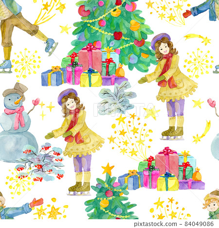 Seamless patterns with skating boy and girl, decorated conifer and snowman on white background. Watercolor illustrations. Winter Christmas and New Year holiday concept 84049086