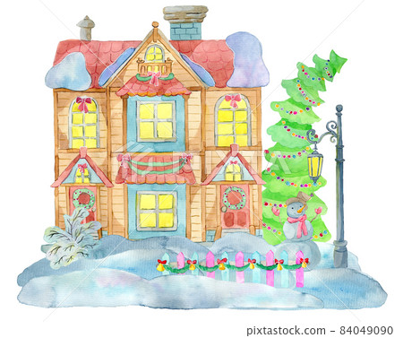 Watercolor illustration with beautiful cottage house, lantern and decorated conifer isolated on white. Winter Christmas and New Year holiday concept Watercolor illustration with beautiful cottage house, lantern and decorated conifer isolated on white. Winter Christmas and New Year holiday concept 84049090