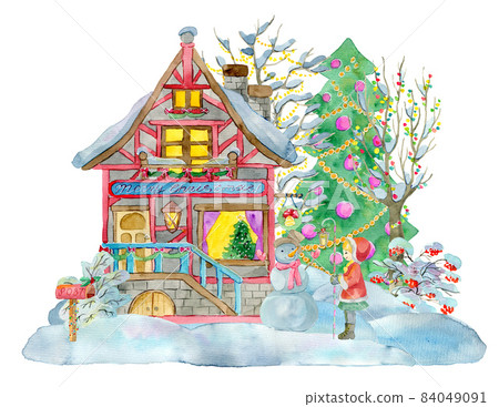Watercolor illustration with little girl holding lantern, beautiful cottage house, decorated conifer isolated on white. Winter Christmas and New Year holiday concept Watercolor illustration with little girl holding lantern, beautiful cottage house, decorated conifer isolated on white. Winter Christmas and New Year holiday concept 84049091