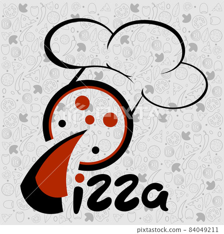 minimal lettering pizza logo in a chefs hat on a background of a pattern of vegetables 84049211
