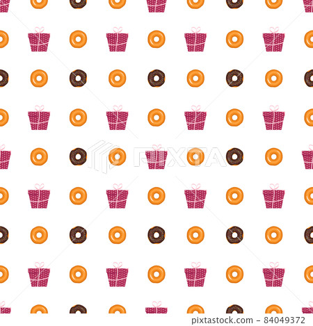 Seamless pattern from glazed donuts and gift box with ribbon. Sweet baking print and present for birthday, holiday and party. Vector flat illustration of dessert and food 84049372
