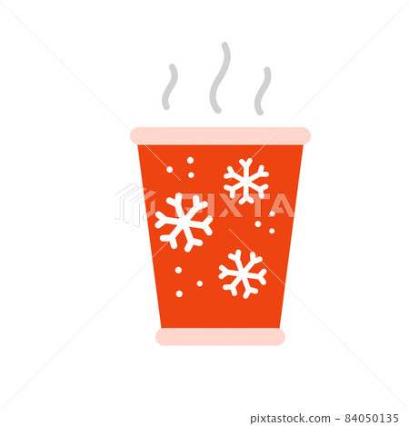 Hot drink. Winter red glass. Steam over cup with Christmas pattern and snowflakes. Flat illustration 84050135