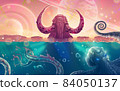 Summer fairy tale sea landscape with big rock as mammoth with tusks, ocean waves over fantasy planets in the sky, underwater world with octopus monster and snake reptile. Seascape illustration art. 84050137