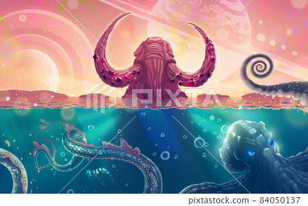 Summer fairy tale sea landscape with big rock as mammoth with tusks, ocean waves over fantasy planets in the sky, underwater world with octopus monster and snake reptile. Seascape illustration art. Summer fairy tale sea landscape with big rock as mammoth with tusks, ocean waves over fantasy planets in the sky, underwater world with octopus monster and snake reptile. Seascape illustration art. 84050137