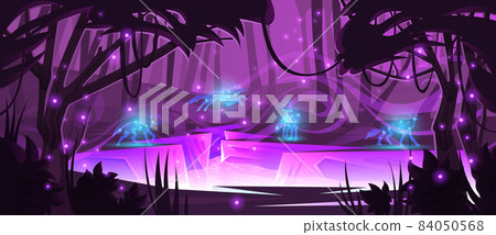 Magic forest with wolves, river and purple light Magic forest with wolves, river and purple light 84050568