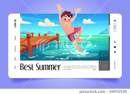 Banner with boy jumping in water from wooden pier 84050598