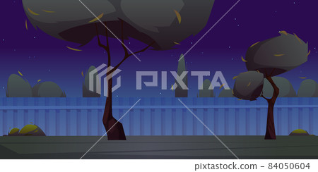 Backyard with fence, grass and trees at night Backyard with fence, grass and trees at night 84050604