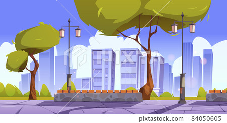 City park with bench, lanterns and green trees City park with bench, lanterns and green trees 84050605