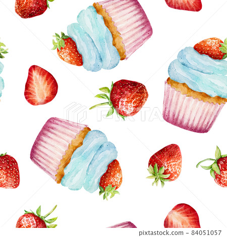 Seamless pattern with watercolor cupcake and... - Stock Illustration ...