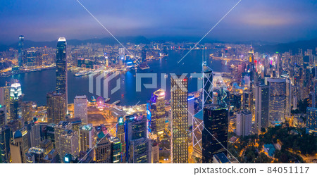 Aerial drone shot a Hong Kong Corporate Buildings streets. 84051117