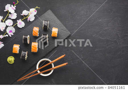 flat lay sushi arrangement with copy space. High quality beautiful photo concept flat lay sushi arrangement with copy space. High quality beautiful photo concept 84051161
