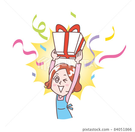 A housewife who is happy to lift a present. 84051866