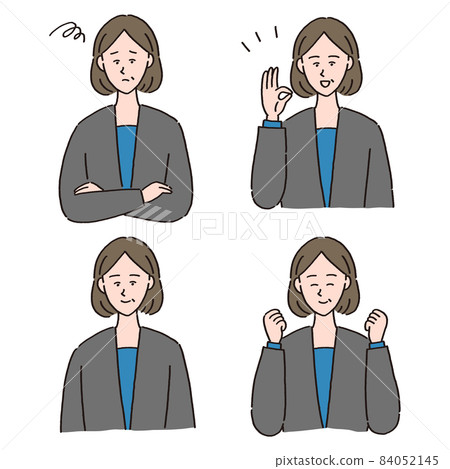 一套不同的面部表情和女性經理的姿勢 84052145