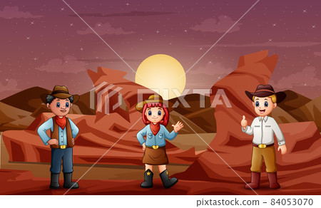 Illustration of the cowboys and a cowgirl at the desert Illustration of the cowboys and a cowgirl at the desert 84053070