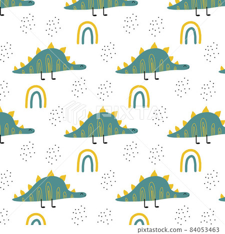 Childish seamless pattern with green dinosaur and rainbow. Dino pattern in green-yellow colors. Suitable for fabrics, wrapping paper, prints. Childish seamless pattern with green dinosaur and rainbow. Dino pattern in green-yellow colors. Suitable for fabrics, wrapping paper, prints. 84053463