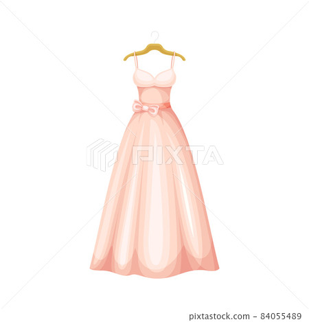 Pink Dress with Long Skirt and Bow Belt on Waist on Hanger as Neat and Clean Clothing Vector Illustration 84055489