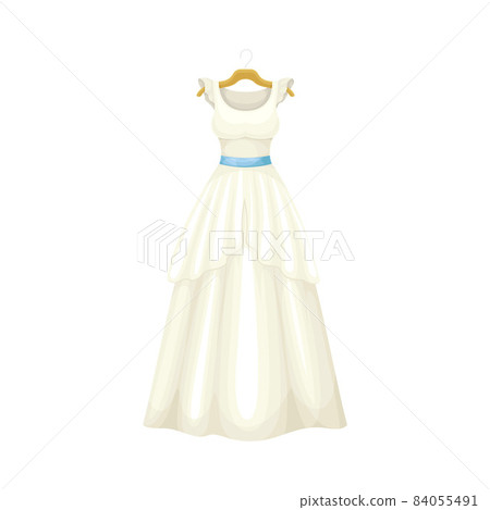 White Dress with Long Skirt and Blue Belt on Hanger as Neat and Clean Clothing Vector Illustration 84055491